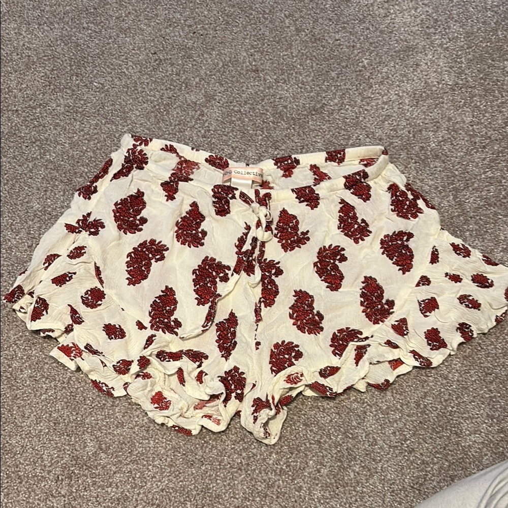 Cream and Red High Waist Floral Shorts